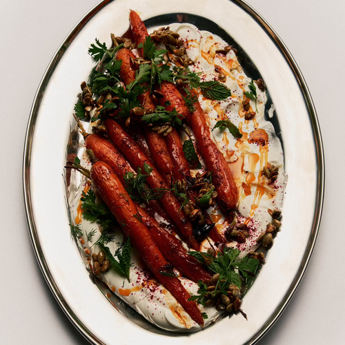 Harissa Carrots with Pumpkin Seeds, Labneh, Herbs
