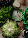 Lettuce and leafy greens lie scattered, accompanied by a small plate of salt.